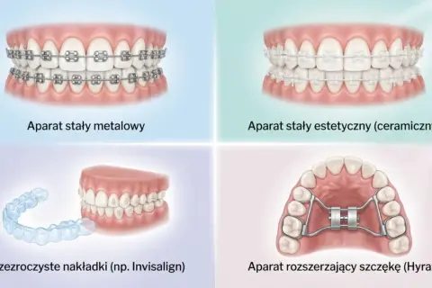 Aparat ortodontyczny metalowy, estetyczny, nakładki Invisalign i aparat Hyrax. Korekta zgryzu krzyżowego przed i po.