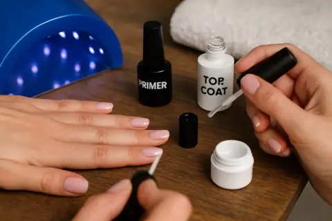 Dłonie przygotowują paznokcie do stylizacji. Widać lampę UV, buteleczki z primerem i top coat, a także pędzelek.
