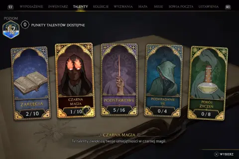 Menu talentów w Dziedzictwie Hogwartu: Zaklęcia, Czarna Magia, Podstawowe, Podkradanie się, Pokój Życzeń.