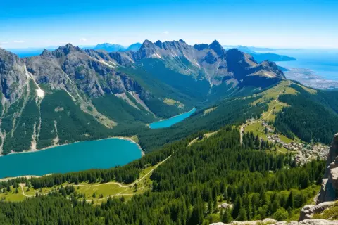 Vue panoramique d'un trek en Italie, avec des lacs turquoise, des montagnes escarpées et une forêt dense.