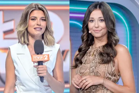 Dwie prezenterki telewizyjne, jedna z mikrofonem TVP 2.