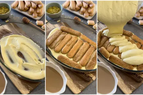 Preparazione di un delizioso tiramisù al pistacchio: crema, savoiardi e caffè si uniscono per un dolce irresistibile.