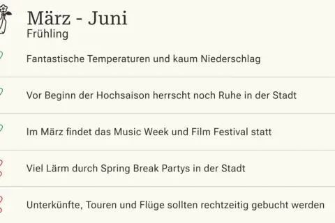 März-Juni: miami beste reisezeit. Fantastische Temperaturen, Ruhe vor der Hochsaison & Festivals. Vermeide Lärm & Buchungsstress.