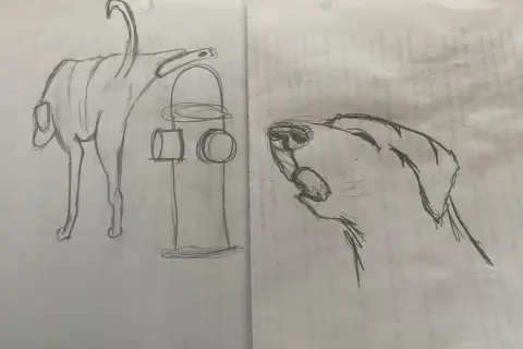 Bocetos de perros y un hidrante, perfectos como dibujos de animales para dibujar.