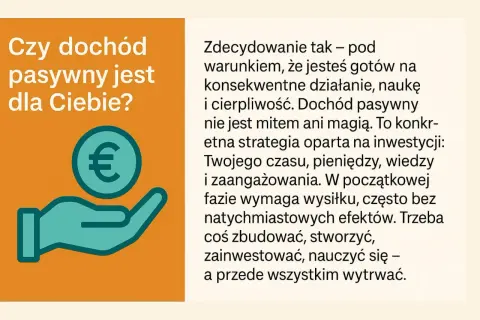 Ręka trzymająca monetę z symbolem euro. Pytanie: "Czy dochód pasywny jest dla Ciebie?". Tekst wyjaśnia, że dochód pasywny wymaga pracy i cierpliwości.