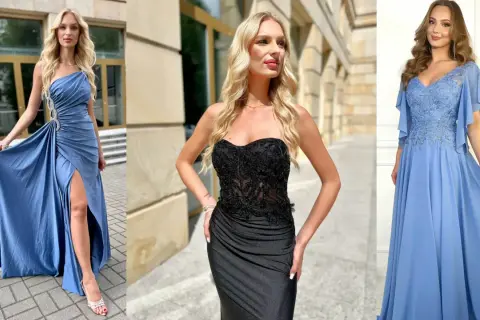 Eleganckie sukienki wyszczuplające optycznie: błękitna z wycięciem, czarna gorsetowa i błękitna z koronką.