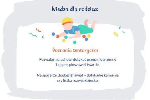 Ilustracja dziecka raczkującego wśród kolorowych kulek i ozdobnych kształtów.