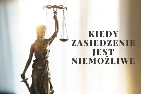 Figurka Temidy z wagą i mieczem, symbol sprawiedliwości. Tekst: Kiedy zasiedzenie jest niemożliwe.