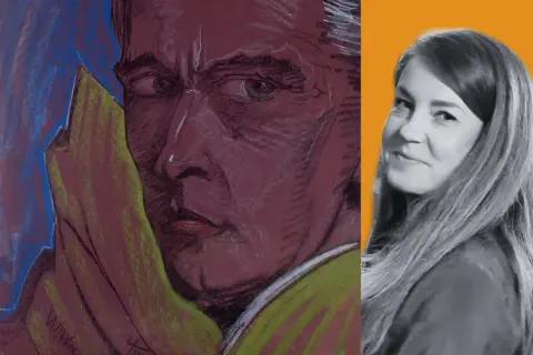 Portret mężczyzny z intensywnym spojrzeniem, z widocznymi oznaczeniami na obrazach Witkacego. Obok uśmiechnięta kobieta.