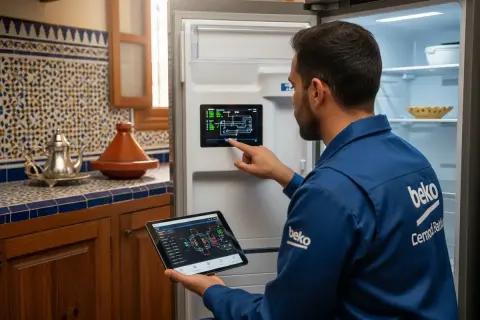 Un technicien Beko utilise une tablette pour diagnostiquer un code erreur frigo Beko affiché sur l'écran de l'appareil.