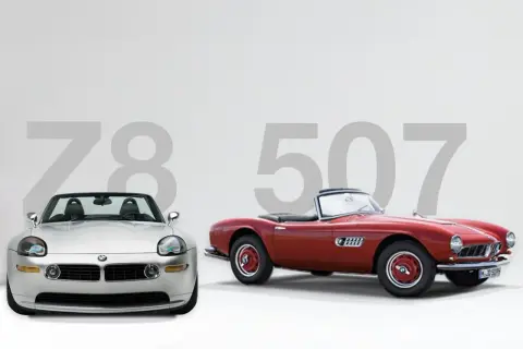 Dwa klasyki BMW: srebrny Z8 i czerwony BMW 507, symbolizujące ewolucję designu.
