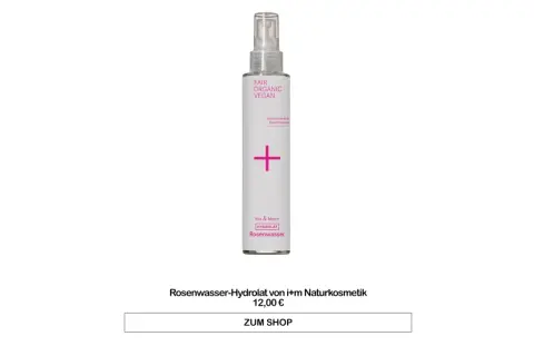 Flasche mit Rosenwasser-Hydrolat, eine natürliche Alternative für die Hautpflege. Fair, Bio, Vegan.