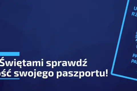 Niebieski paszport Polski z orłem, przypomina o sprawdzeniu jego ważności przed podróżą.