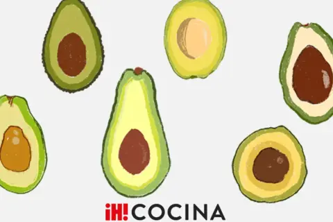 Ilustración de varios tipos de aguacate cortados por la mitad, mostrando sus diferentes formas y tamaños.