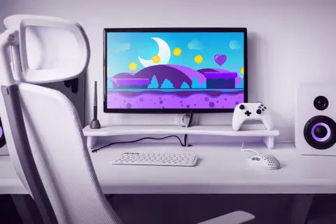 Ein Gaming-Setup mit weißem Stuhl, Monitor mit bunter Spielewelt, Tastatur, Maus und Lautsprechern. Perfekt für Twitch Prime Gaming.
