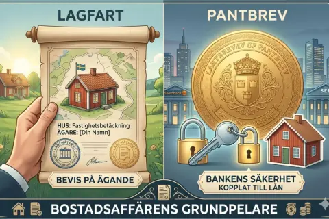 En hand håller upp ett dokument med en karta och ett hus. Bredvid syns ett stort pantbrev, lås och nyckel, som symboliserar pantbrev kostnad och bankens säkerhet kopplat till lån.