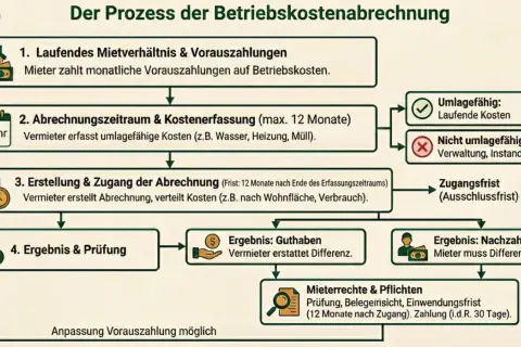 Ablauf der Betriebskostenabrechnung: Vorauszahlungen, Erfassung umlagefähiger Kosten, Erstellung & Zugang der Abrechnung, Ergebnis (Guthaben/Nachzahlung). Anpassung der Vorauszahlung möglich.