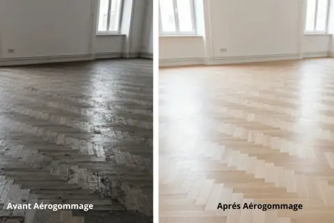 Parquet sombre et usé avant aérogommage, transformé en un sol clair et lumineux après. Le résultat avant après est spectaculaire.