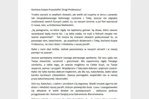 Wzór pożegnania zmarłego czytane przez księdza. List wyraża żal po odejściu proboszcza, wspominając jego dobroć i zaangażowanie w pracę z dziećmi i młodzieżą.