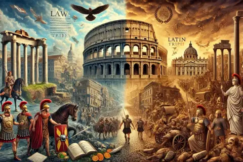 En episk scen av plundrade rom, med soldater, Colosseum och antika ruiner. En berättelse om lag och stammar.