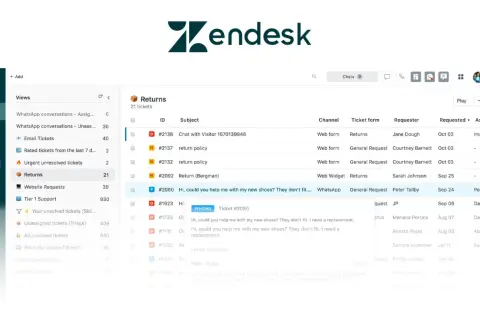Panel z powiadomieniami Zendesk, pokazujący listę zgłoszeń "Returns" z różnymi statusami i kanałami komunikacji.