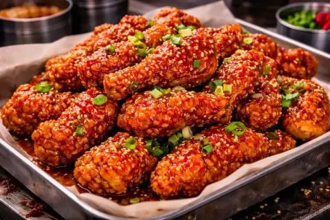 En bricka full med krispiga, glaserade bitar av koreansk friterad kyckling, toppad med sesamfrön och grön lök.
