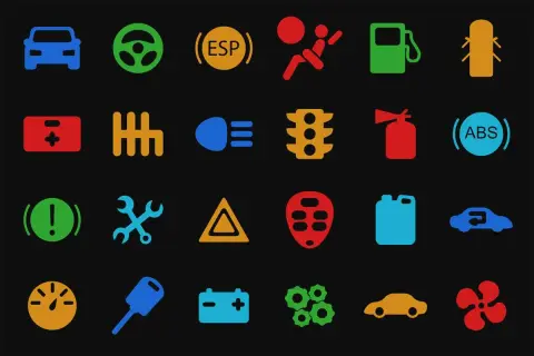 Icone cruscotto auto: spie BMW, ESP, ABS, batteria, cambio, luci, serbatoio, airbag, estintore, ruote, motore, ecc.