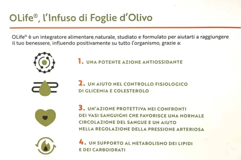 OLife, infuso di foglie d'ulivo, sfrutta le proprietà naturali per benessere: antiossidante, controllo glicemia/colesterolo, circolazione e metabolismo.