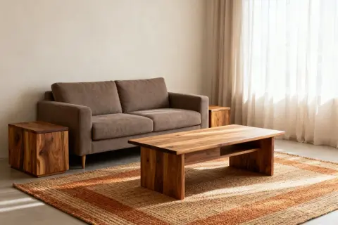 Sofa w kolorze taupe, czyli brązowo-szarym, obok drewnianych stolików i dywanu.