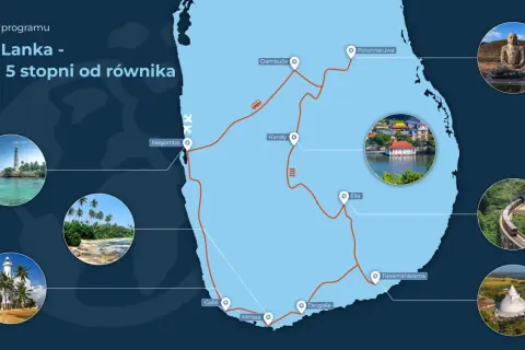 Mapa pokazuje, gdzie leży Sri Lanka, z zaznaczoną trasą podróży przez wyspę, od Negombo po Mirissę i Ella.