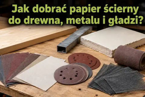 Różne rodzaje papieru ściernego i materiałów do szlifowania, pokazujące gradację papieru ściernego do drewna, metalu i gładzi.