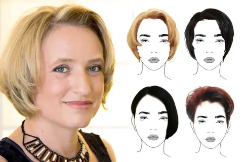 Frau mit blondem Bob und vier stilisierten Gesichtern, die verschiedene Frauen-Haarschnitte zeigen.