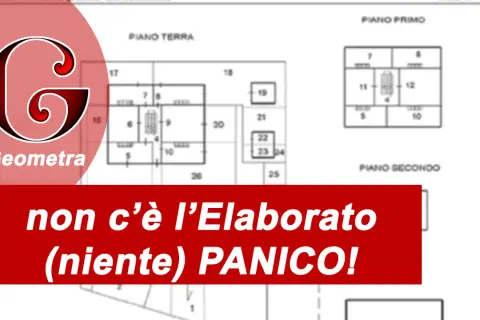 Disegno tecnico con planimetrie di piani. Il logo #Geometra e la scritta "non c'è l'Elaborato (niente) PANICO!" suggeriscono che i beni comuni non censibili sono gestiti con semplicità.