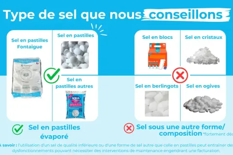 Le sel régénérant, c'est quoi ? L'image montre différents types de sel pour adoucisseurs : pastilles (Fontaigue, autres, évaporé), blocs, cristaux, berlingots, ogives. Les pastilles sont conseillées.