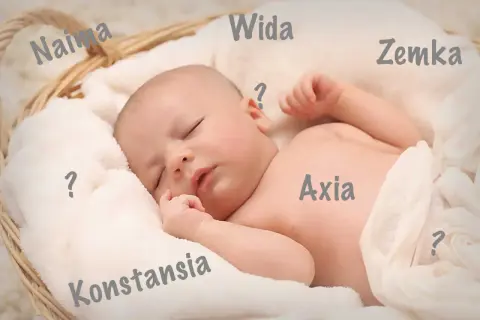 Sovande bebis i korg med magiska namn tjej som Naima, Wida, Zemka, Axia och Konstansia.