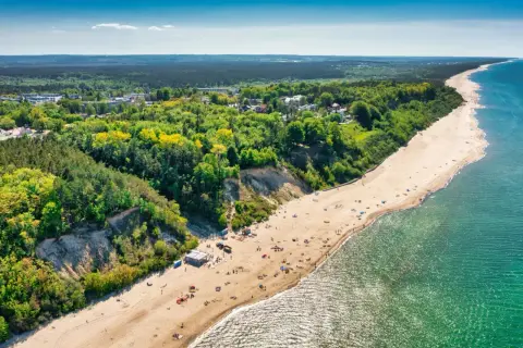 Widok z lotu ptaka na piaszczystą plażę w Jastrzębiej Górze z klifem i lasem.