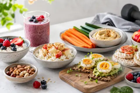 En härlig buffé med proteinrika mellanmål: smoothie, kvarg med bär, äggmackor, nötter och grönsaksstavar med hummus.