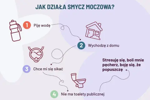 Ilustracja wyjaśnia, jak działa smycz moczowa: piję wodę, wychodzę z domu, chcę mi się sikać, a nie ma toalety. Stresuję się, boli mnie pęcherz.