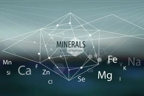 Grafika przedstawia schematyczne połączenia między symbolami pierwiastków chemicznych, takich jak Fe, Na, Mg, Ca, Se, Mn, Cu, Zn, Cl, F, S, K, P, Cr, Co, I. W centrum znajduje się napis "MINERALS Basics of Nutrition". Obraz podkreśla znaczenie mikroele...