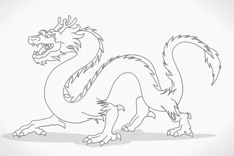 Un drago disegno facile per bambini, con lunghe spire e artigli affilati, pronto a prendere vita con i colori.