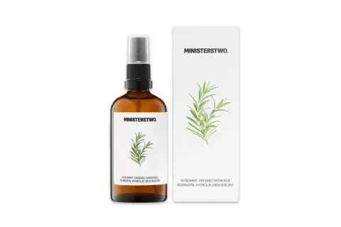 Bursztynowa butelka z atomizerem i opakowanie z wizerunkiem gałązki rozmarynu. Produkt zawiera rosmarinus officinalis leaf extract.