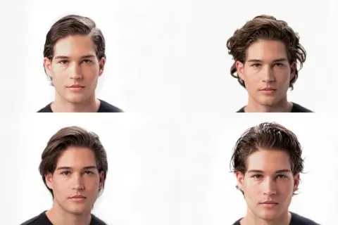 Hombre con pelo liso a rizado en cuatro estilos diferentes.