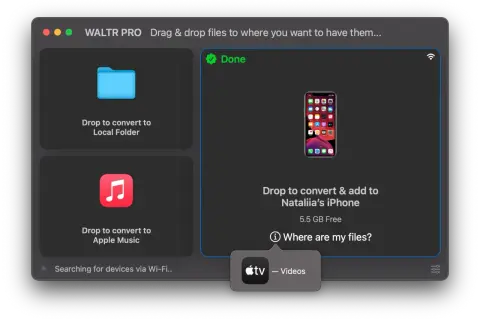 WALTR PRO interface shows options to convert files to a local folder, Apple Music, or an iPhone. This is useful for converting files like an MPG file.