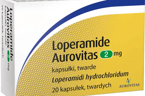 Opakowanie leku Loperamid Aurovitas 2 mg, zawierające 20 kapsułek twardych. Szybka ulga w dolegliwościach.