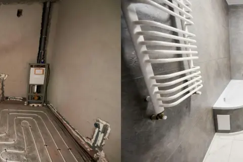Prima e dopo: impianto idraulico a vista con tubi a pavimento e un bagno finito con vasca e scaldasalviette.
