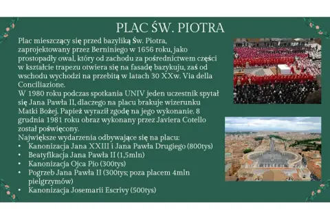 Plac św. Piotra w Watykanie, zaprojektowany przez Berniniego, otwiera się na bazylikę. Zdjęcie przedstawia widok z lotu ptaka na plac i tłumy wiernych.