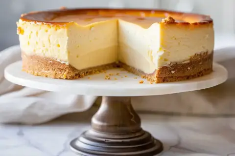 En krämig baskisk cheesecake med karamelliserad yta, serverad på ett marmorerat tårtfat.