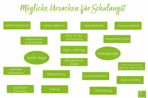 Ursachen für Schulangst: soziale Ausgrenzung, geringer Selbstwert, Versagensangst, Wissensrückstand, Angst vor dem Schulübergang, fachspezifische Ängste, Leistungsangst, schlechtes Klassenklima, Angst vor Blamage, lehrerspezifische Ängste, Reizüberflut...