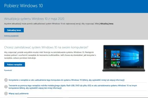 Laptop z systemem Windows 10, przycisk "Pobierz narzędzie" i tekst o instalacji systemu.