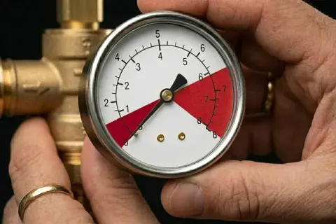 Manomètre indiquant une pression d'eau trop élevée. Que faire ? Le cadran montre une aiguille dans la zone rouge.